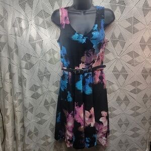 Jennifer Lopez Black Floral Sleeveless Belted Fit & Flare Dress Sz small